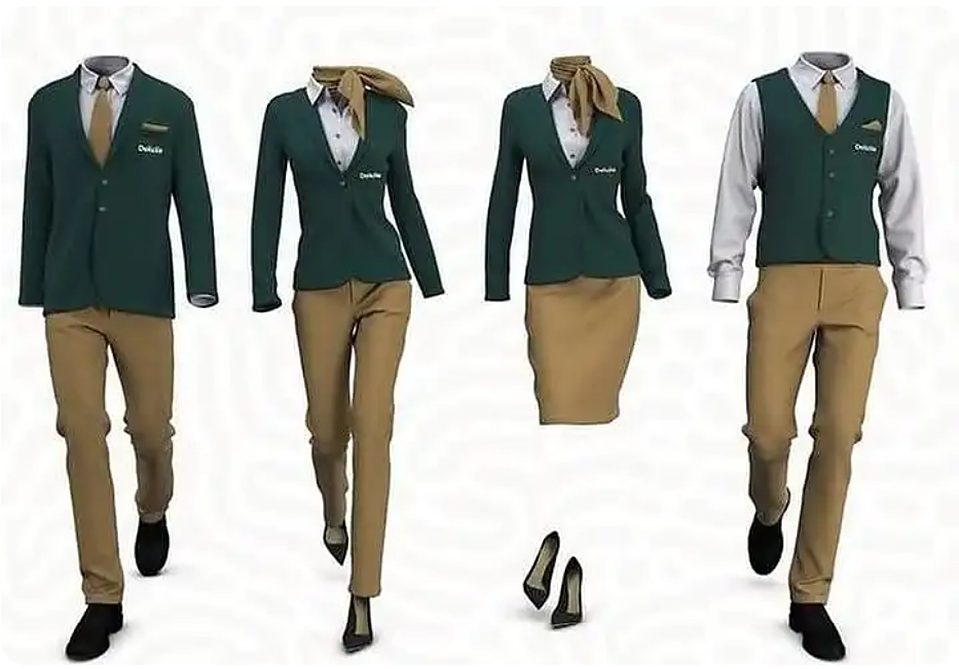 Green and khaki corporate and airline uniforms